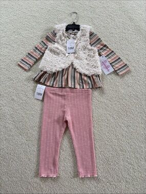 Bonnie Jean Pink Striped Top with Cream Faux Fur Vest and Pink Ribbed Leggings